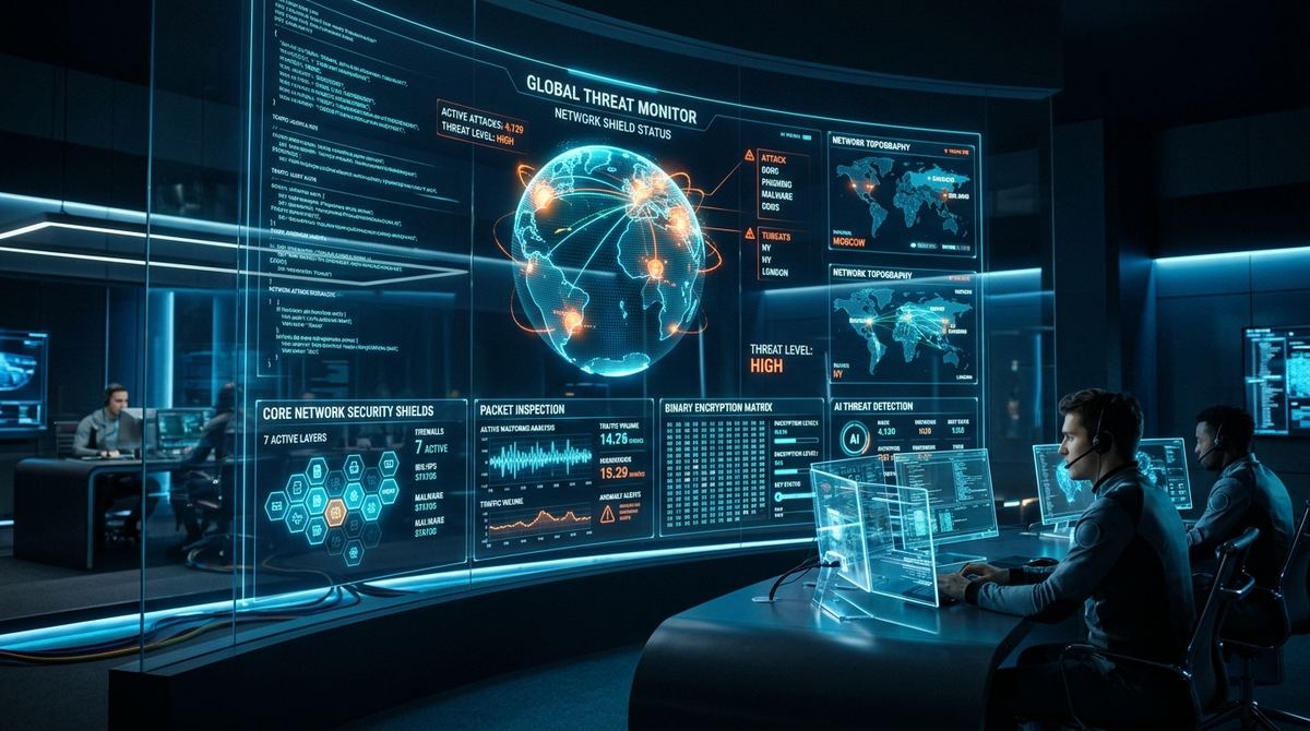 Security operations center dashboard with network threat monitoring, packet inspection and encryption panels